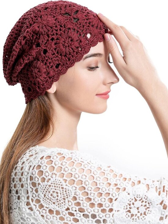 Women\'s Cotton Crochet Slouchy Beanie Hat Knit Summer Skull Cap Burgundy Red main image 7